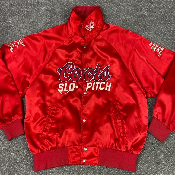 Vintage Coors Slo Pitch Satin Jacket Men's XL Fits Large Red Snap Beer Molson - Picture 1 of 15